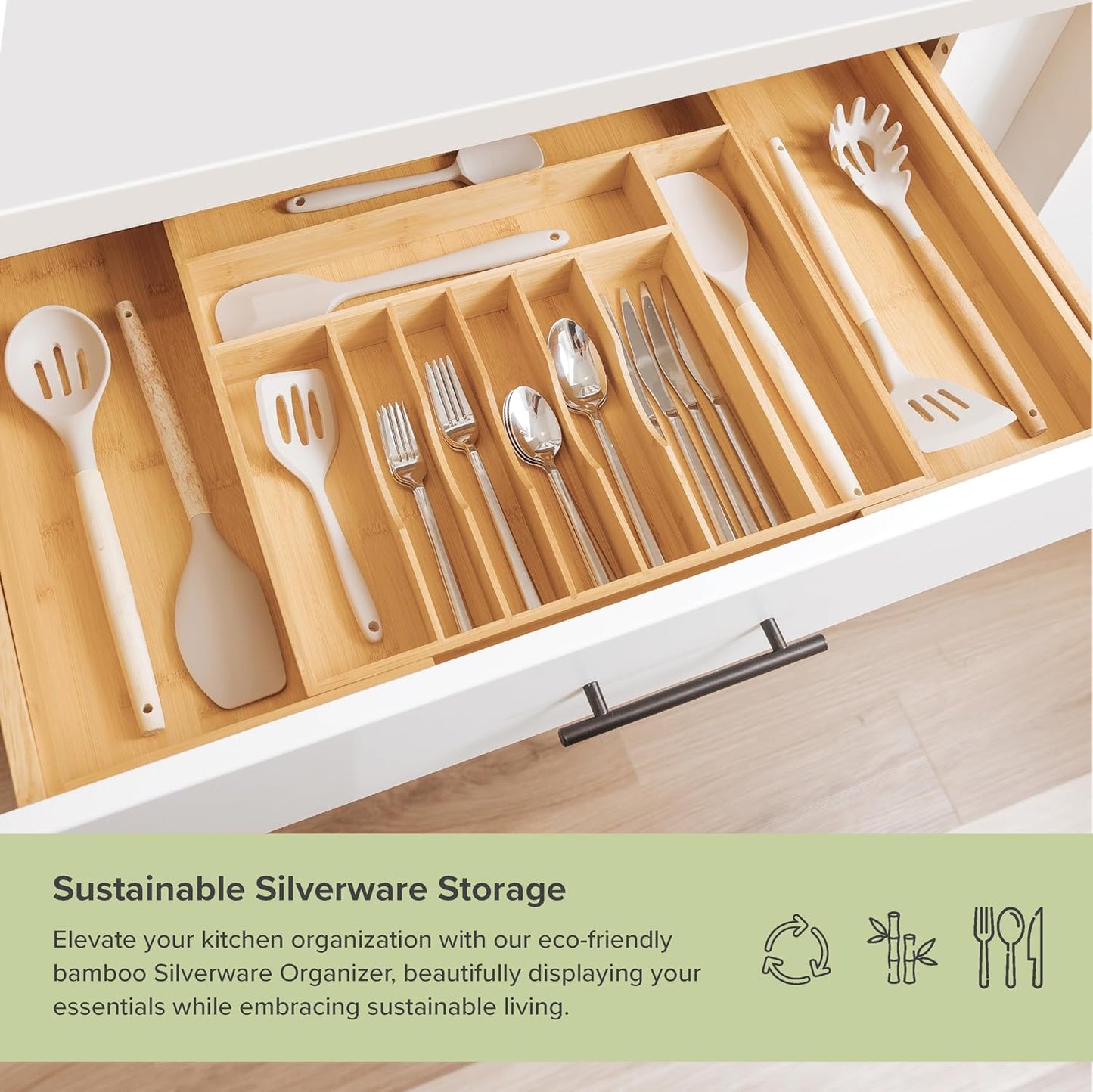 KitchenEdge Premium Silverware Organizer - Expandable Bamboo Utensil Holder for Kitchen Drawers, 18 to 33 In