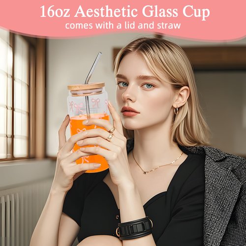 Birthday Gifts for Teen Girls, Women, Her, Sister, Friendship, Christmas, Happy Birthday Gift for Daughter, Best Friend,Delicate Pink Bow Aesthetic Glass Cups Tumbler Gifts (8Pcs Set)
