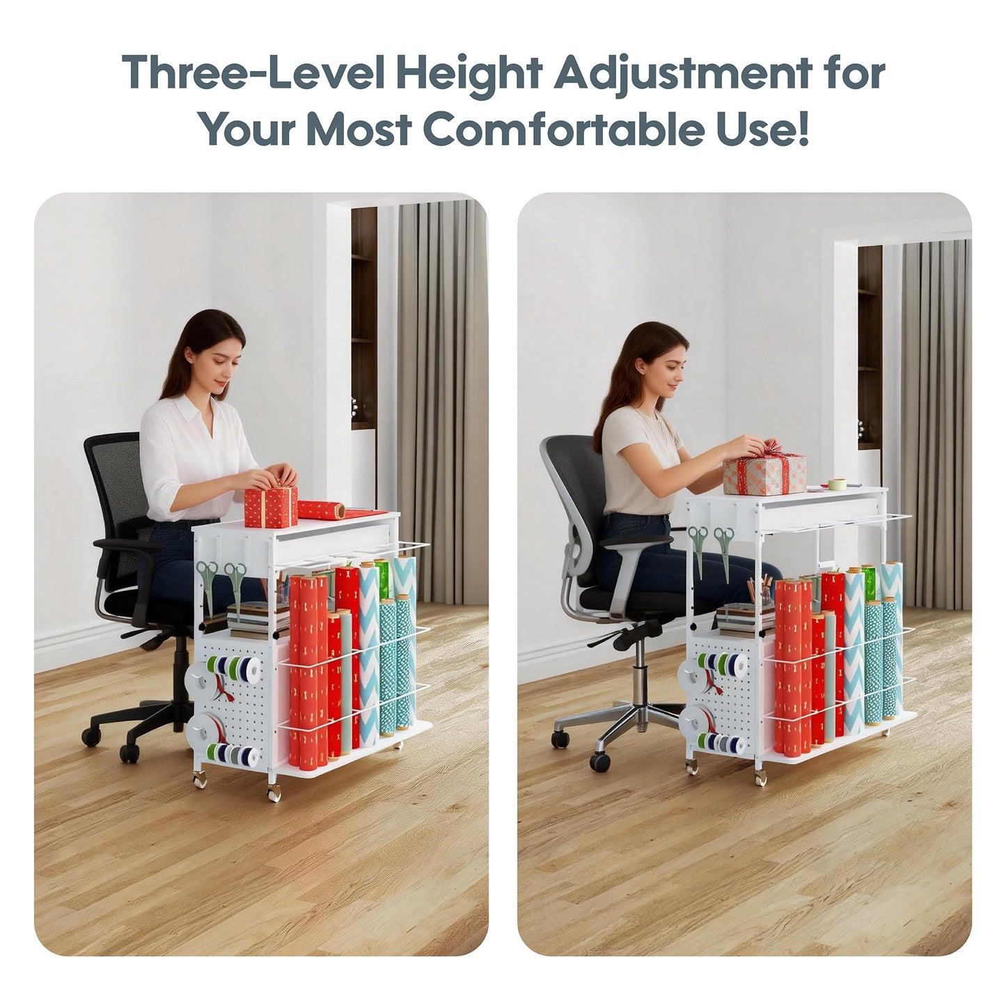 Zethvax Height-Adjustable Gift Wrapping Station with Paper Clamp & Adhesive Measuring Tape,Rolling Wrapping Paper Cart with Ribbon & Gift Bag Storage, Craft Organizer Workstation (White)