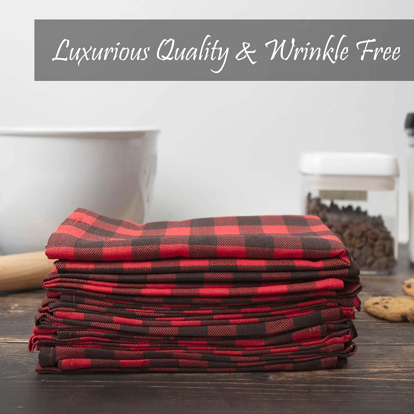PERLLI Kitchen Cloth Napkins - Buffalo Plaid Red & Black - 100% Cotton, 18x18 Inches | 12 Pack, Washable & Reusable for Holiday Decor