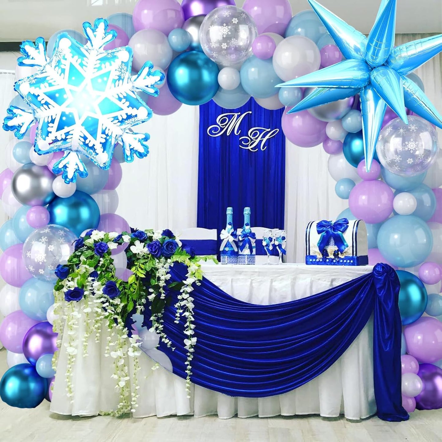 Snow Balloon Garland Arch Kit - Winter Wonderland Decoration with Snowflake Balloons in Blue, Purple, Silver & White