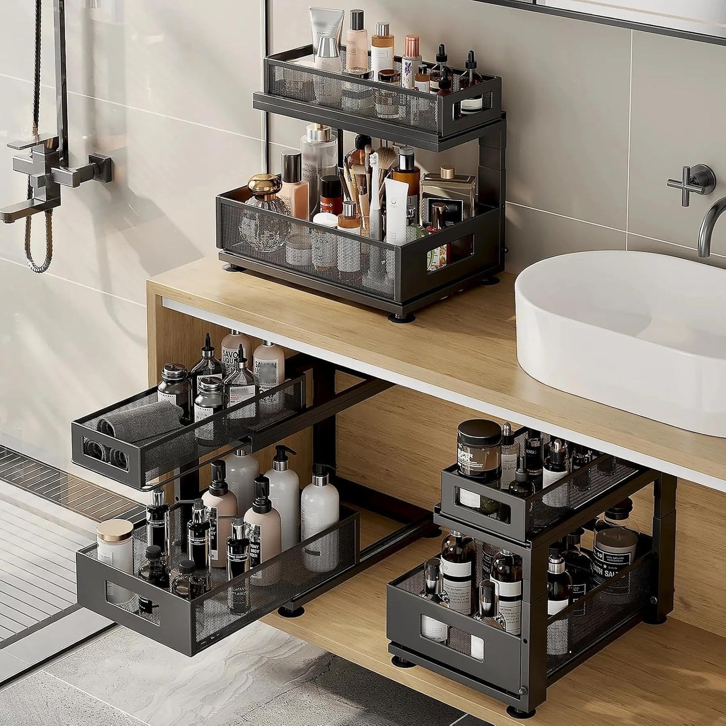 Next-Gen Under Sink Organizer by [Brand Name] - 2-Tier Pull-Out Cabinet Storage with Adjustable Height