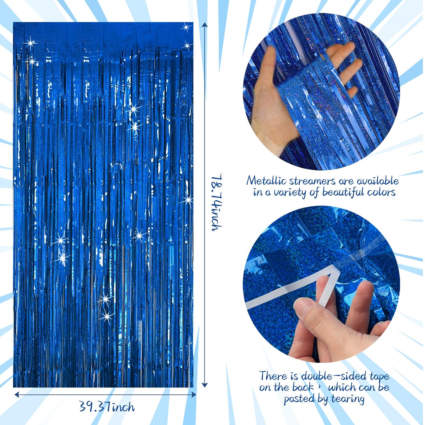 Tinsel Curtain Party Backdrop Blue Birthday Party Decorations 5 Packs Glitter Foil Fringe Curtain Party Decor Streamers Photo Booth for Birthday Christmas Wedding Halloween Graduation Decorations