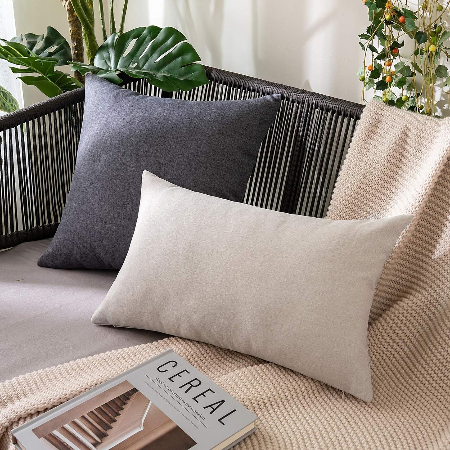 MIULEE Decorative Outdoor Throw Pillow Covers - Waterproof Faux Linen Cushion Cases | 18x18 Inch Dark Grey (Pack of 2)