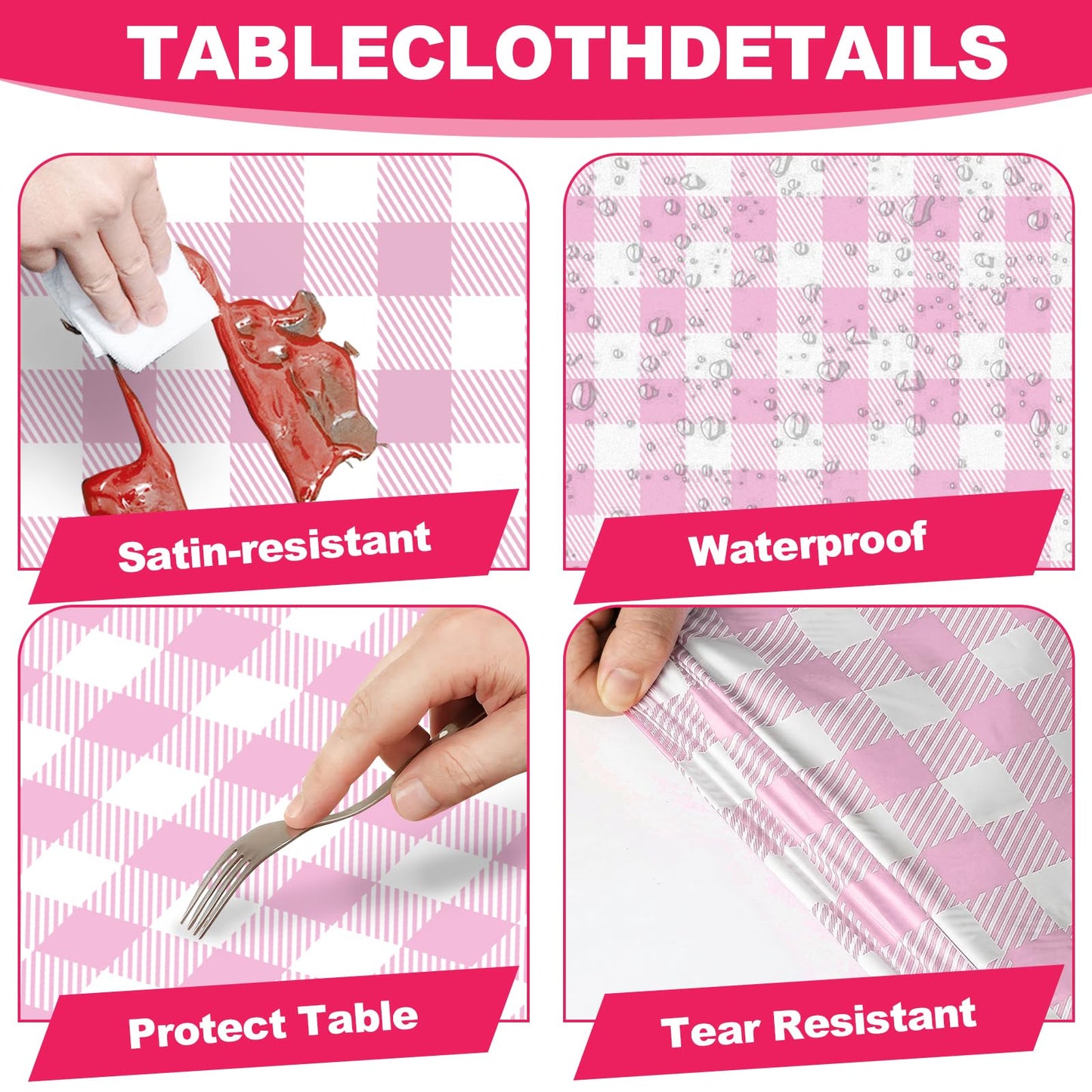 Ohkishly 2 Pack Pink Gingham Tablecloths, Pink and White Checkered Tablecloths Disposable Plastic Pink Plaid Table Cover for Easter Mother's Day Wedding Birthday Anniversay Baby Bridal Shower