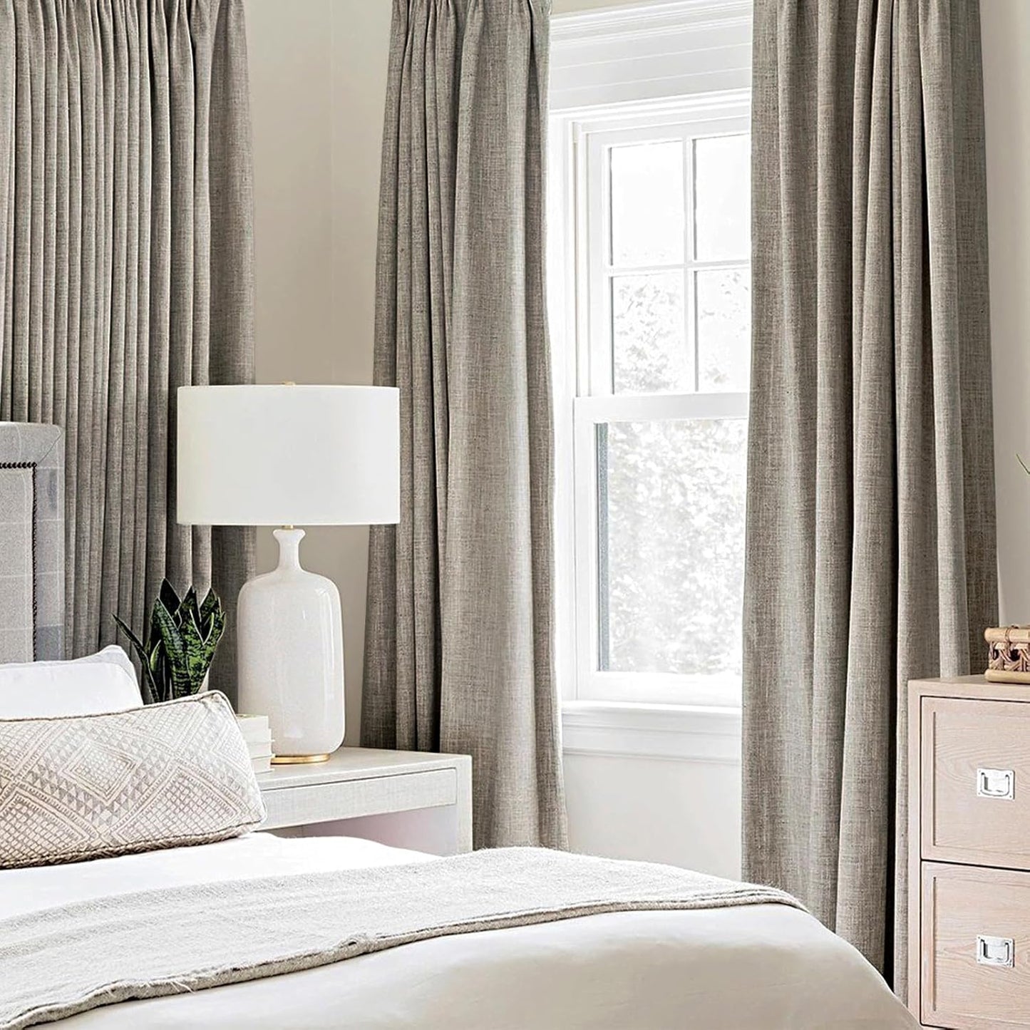 MIULEE Blackout Linen Curtains - 100% Thermal Insulated Greige Drapes for Bedroom | 52x72 Inch (2 Panels)