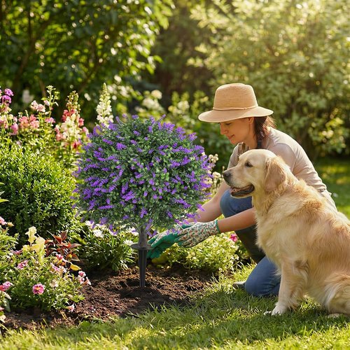 Artificial Lavender Topiary Ball Trees by Dense Foliage - UV Resistant 24 Inch Faux Plants | 2 Pack for Garden & Patio Decor