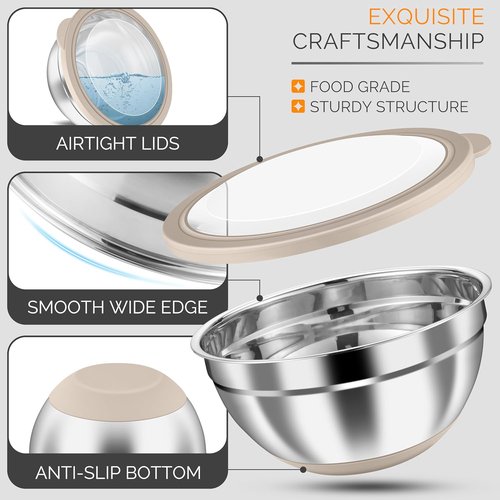 HaWare Mixing Bowls - 24-Piece Stainless Steel Set with Airtight Lids & Graters | Khaki, 4.6QT to 0.7QT