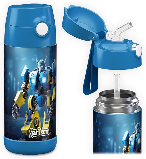 Jarlson® Kids Water Bottle CHARLI | 12oz Stainless Steel Insulated Thermo Bottle with Straw - Spill Proof for School & Sports (Robot)