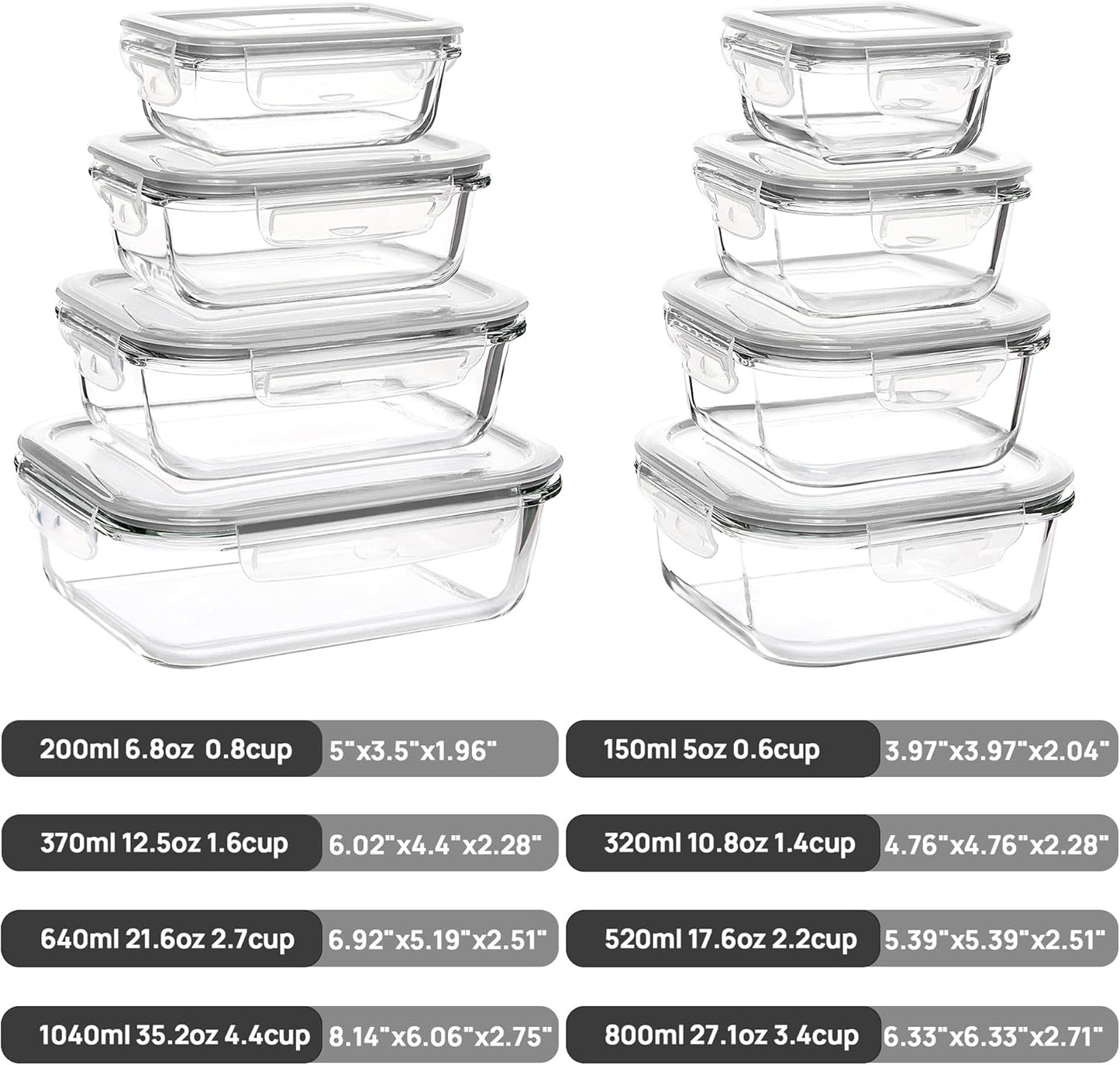 Vtopmart Glass Food Storage Containers - 8 Pack Airtight Meal Prep Containers | BPA Free, Microwave & Oven Safe