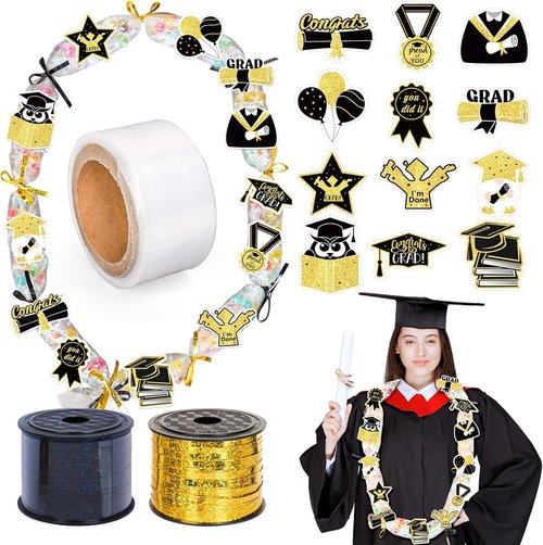 FYSUIMU Graduation Candy Lei Making Kit - Glitter Gold & Black Tubing with Congrats Grad Sticker & Ribbon