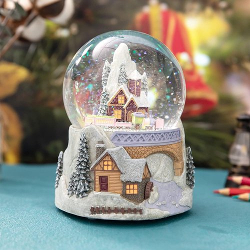 Castle Snowy House Snow Globe - Color Changing Lighting with Revolving Train | Winter Wonderland Theme