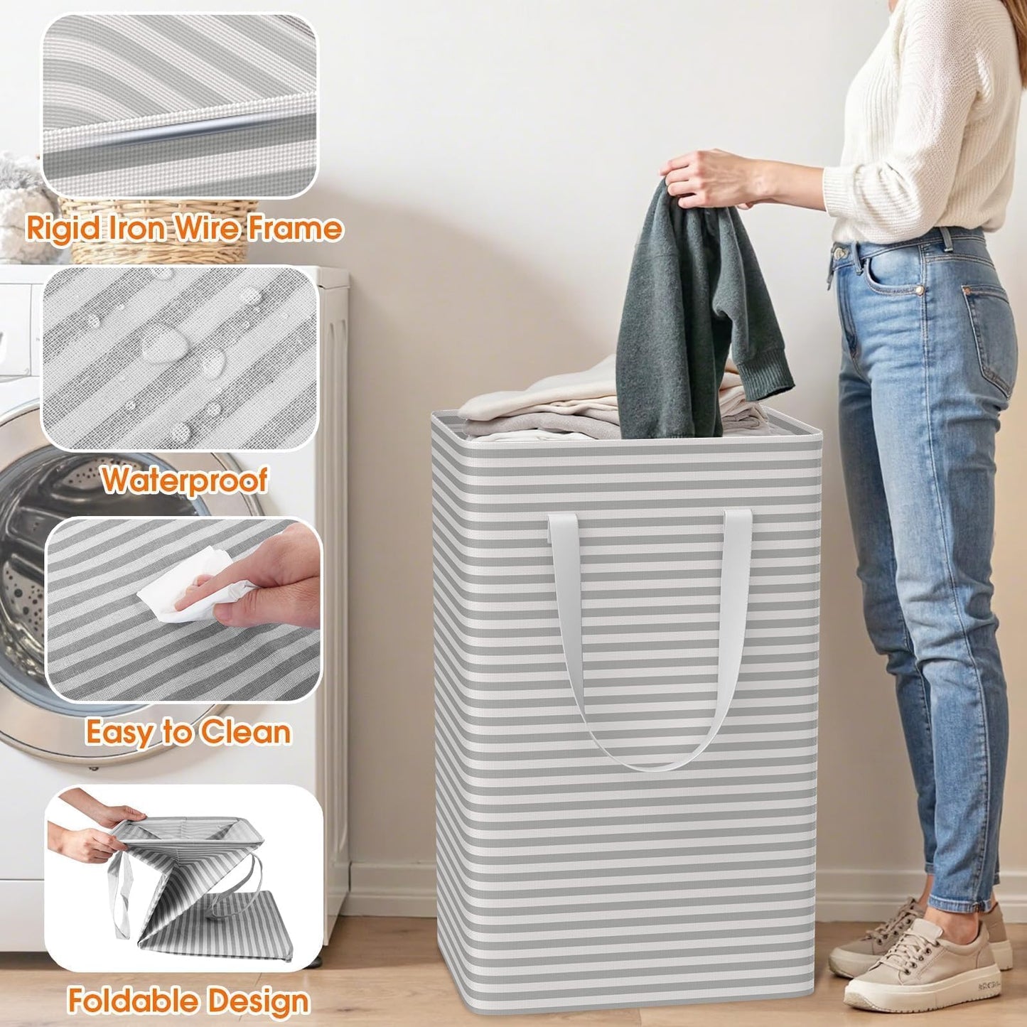 SmartTrends 3 Pack Laundry Basket, Waterproof & Freestanding Large Laundry Hamper, Collapsible Clothes Hampers with Easy Carry Long & Reinforced Handles in Bedroom Bathroom, College Dorm(75Lx3, Gray)