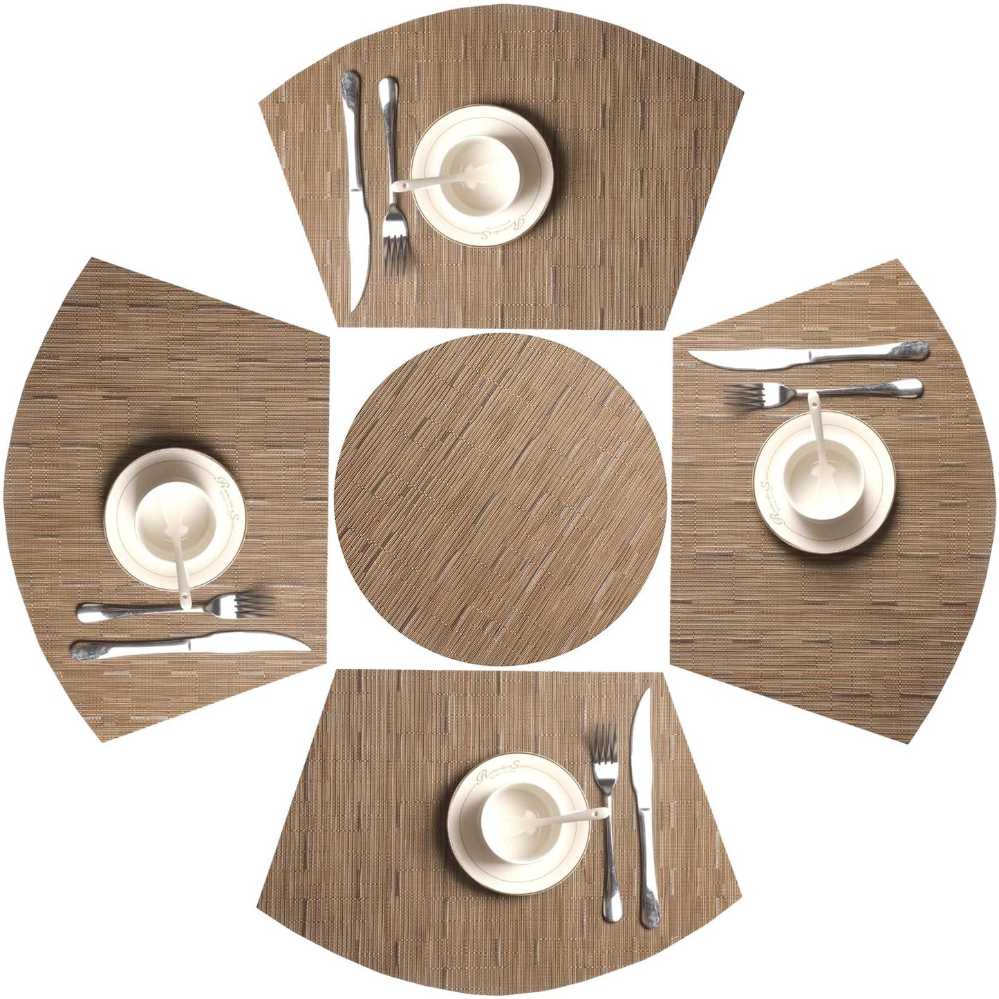 SHACOS Small Round Table Placemats Set of 5 Woven Vinyl Wedge Placemats with Centerpiece Round Table Mats Heat Resistant Wipe Clean (5, Tan)