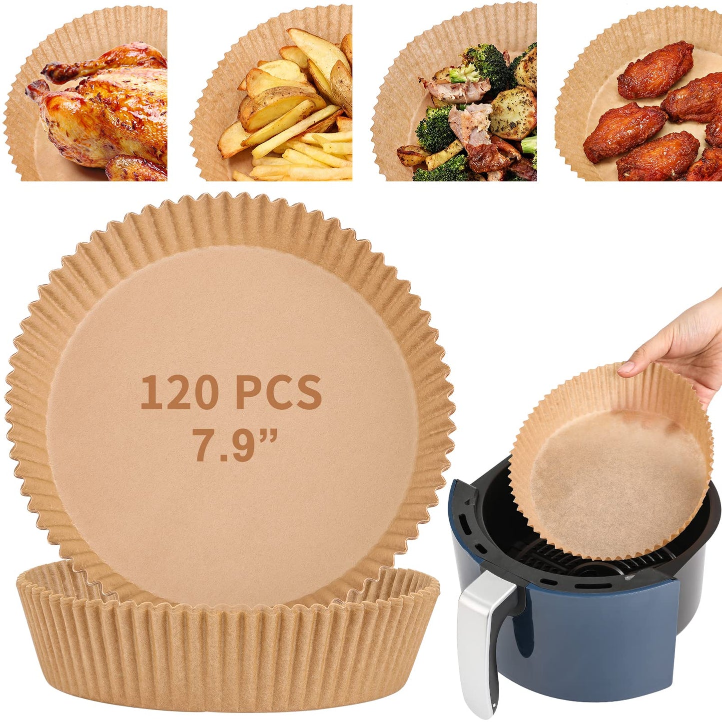 120 Pcs Air Fryer Disposable Paper Liner, 7.9-inch [ Fit 5-8 QT ], Non-stick Parchment Paper for Frying, Baking, Cooking, Roasting and Microwave - Unbleached, Oil-proof