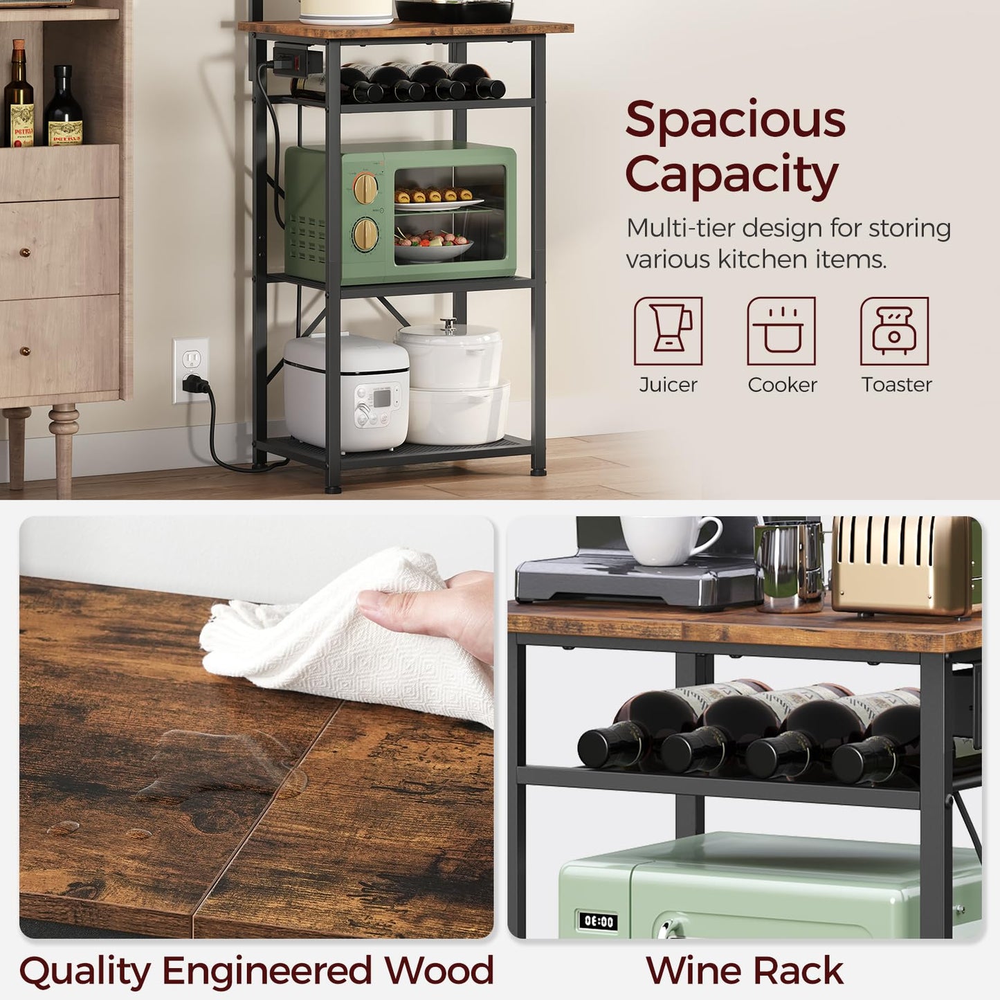MAHANCRIS Bakers Rack with Power Outlet, Coffee Bar Station with Wine Rack, Bakers Racks for Small Spaces, Microwave Stand for Kitchen, Rustic Brown and Black BRHR23E01