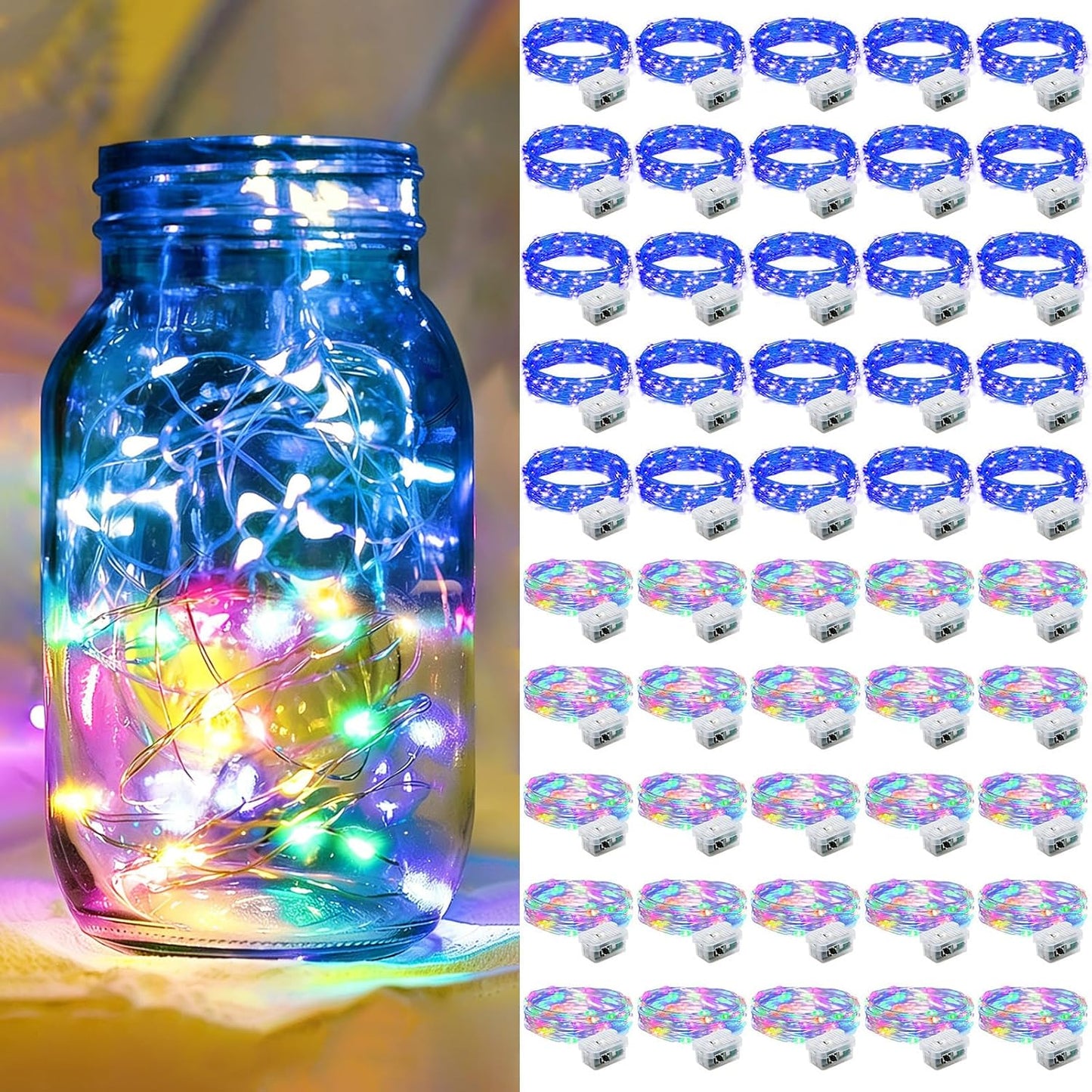 Skiennix 50 Pack Fairy Lights - 7Ft 20 LED Twinkle String Lights | Battery Operated & Waterproof for Mason Jar Decor, Parties & Weddings