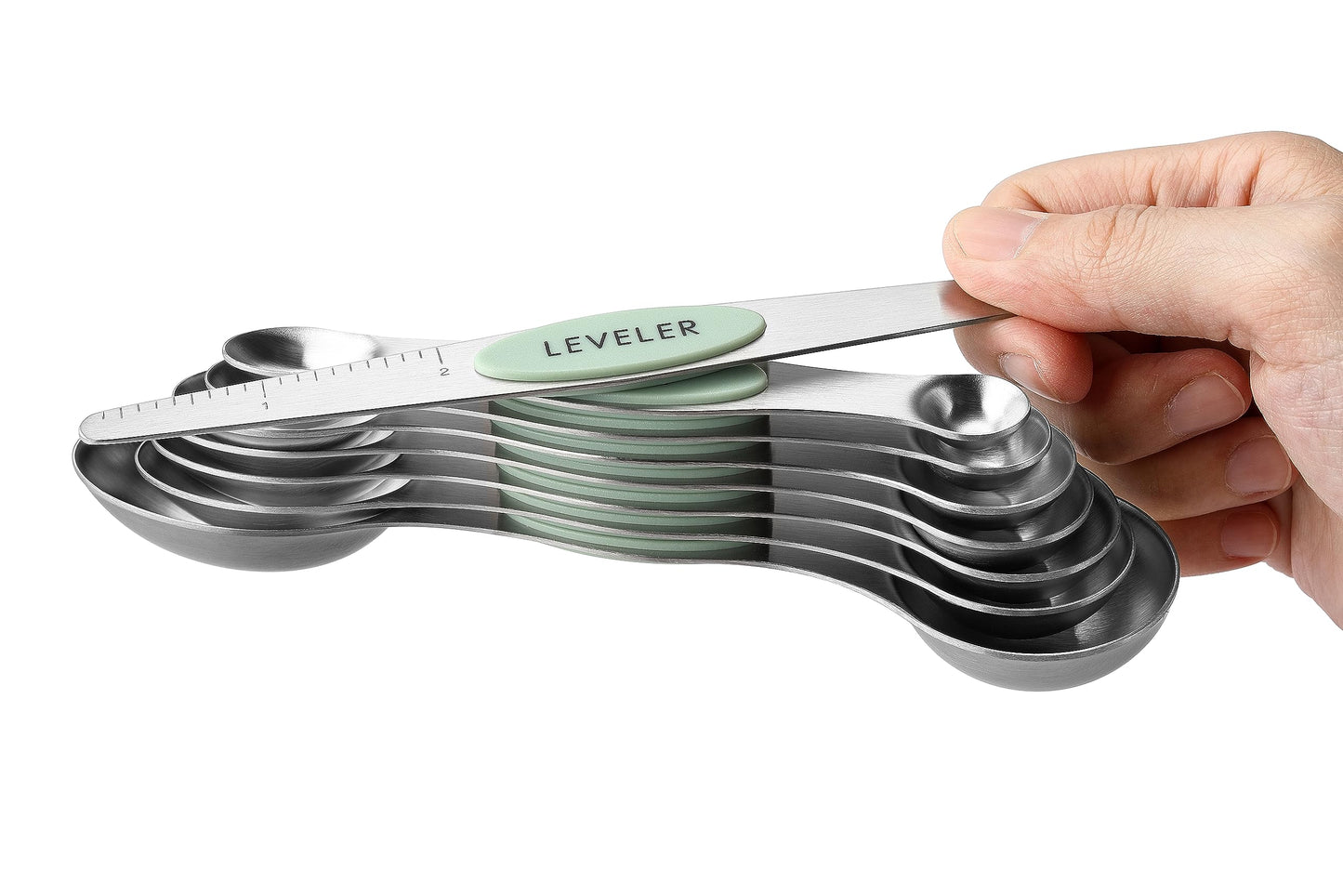 Spring Chef Magnetic Measuring Spoons Set, Dual Sided, Stainless Steel, Fits in Spice Jars, Pistachio, Set of 8, 2 Pack