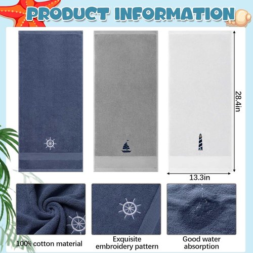 HunnmingRe Nautical Hand Towels - 3 Pcs Dark Blue & White Cotton Set | 13.3 x 28.4'' Coastal Decor