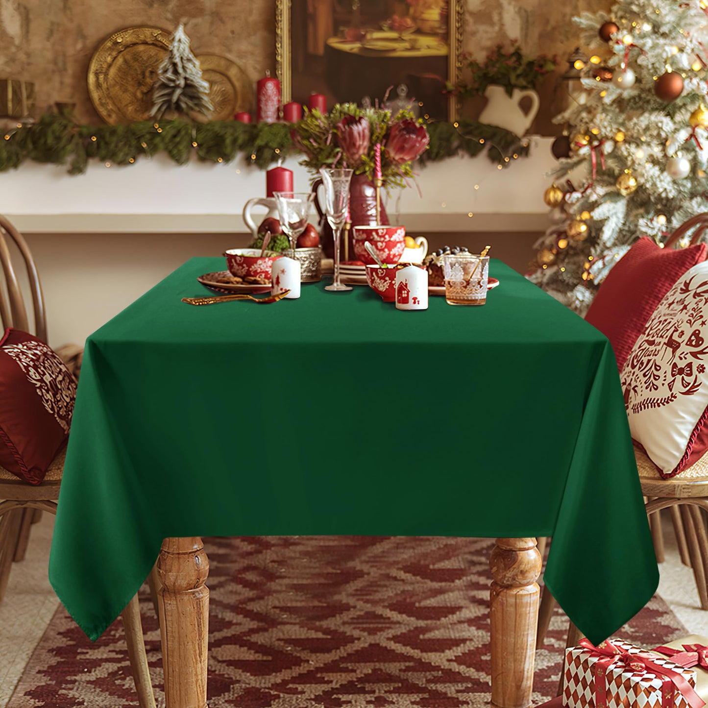 sancua Rectangle Tablecloth - 54 x 120 Inch - Stain and Wrinkle Resistant Washable Polyester Table Cloth, Decorative Fabric Table Cover for Dining Tables, Buffet Parties and Christmas, Hunter Green