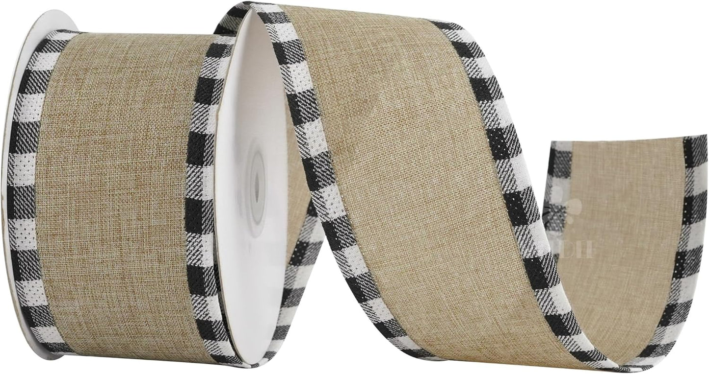 MEEDEE Burlap Christmas Ribbon - 2.5 Inch Wired Plaid with Black & White Edging | 10 Yards for Tree & Wreath Decor