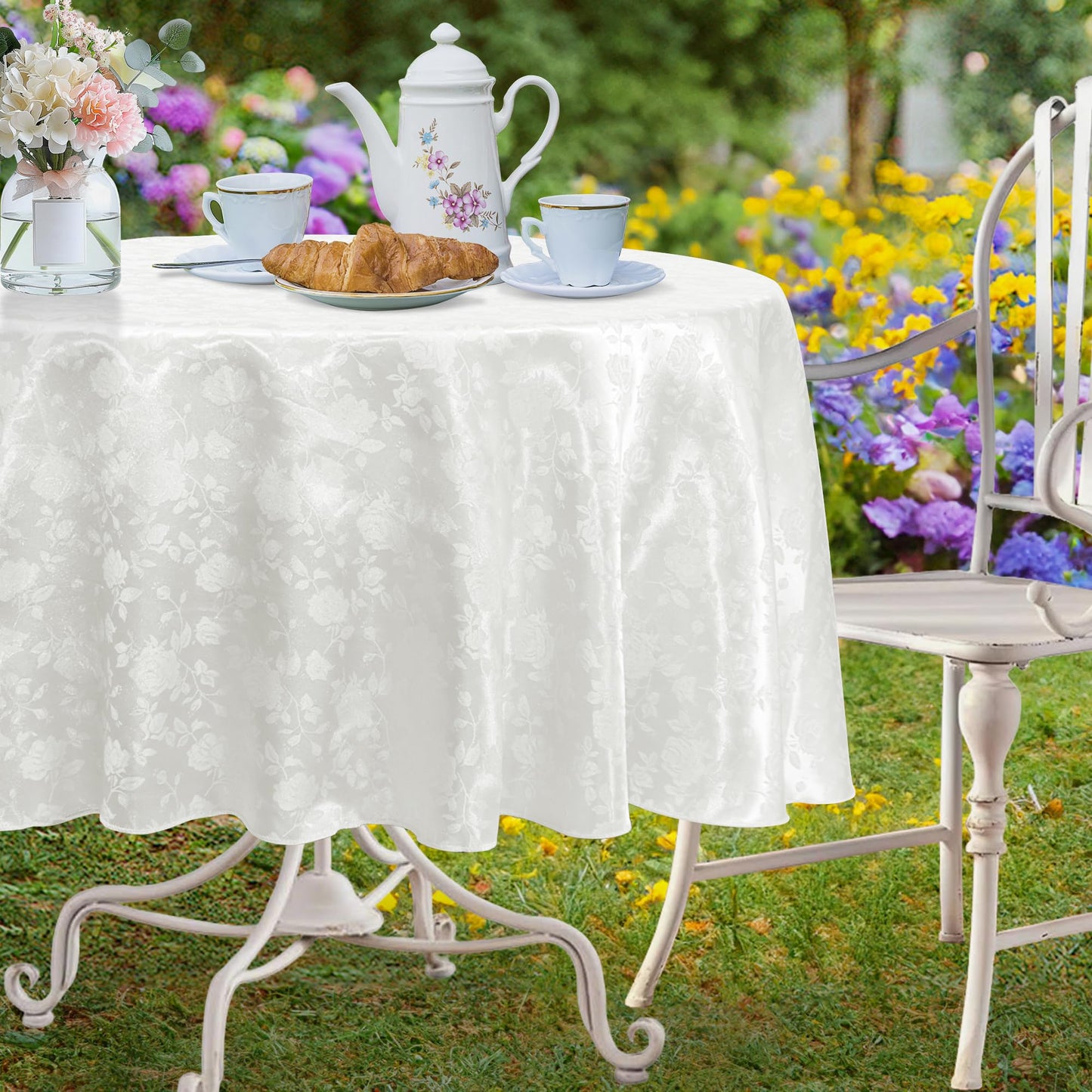 Cobedzy White 60" Round Satin Tablecloth, Jacquard Stain Resistant Table Cloths Wrinkle Free Tablecloth, Silkly Soft Table Cover for Dining Room/Party/Wedding/Banquet/Events