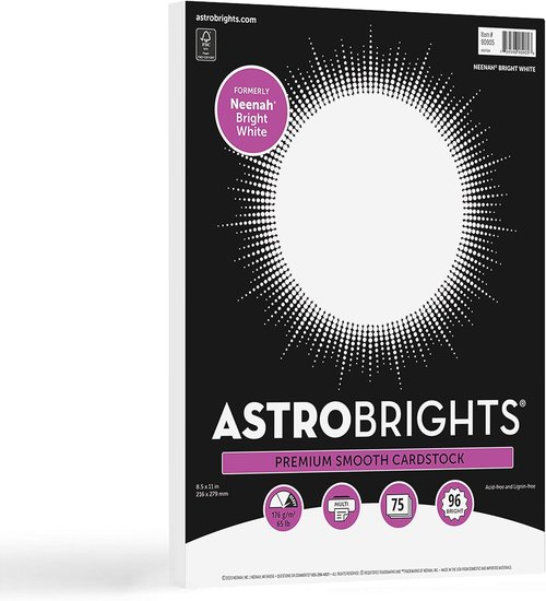 Astrobrights Bright White Cardstock - 8.5" x 11", 65 lb, 75 Sheets | Perfect for Printing and Crafting