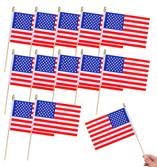 HSQCEZ 12Pcs Small American USA Flags on Wooden Stick Mini United States Flag Hand Held Flag Decorations,5x8 Inch