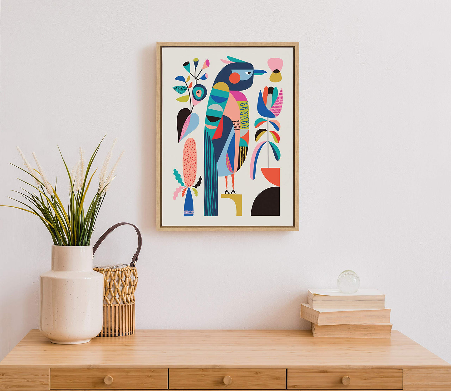 Kate and Laurel Sylvie Mid Century Modern Kookaburra Framed Canvas Wall Art by Rachel Lee of My Dream Wall, 18x24 Natural, Abstract Animal Art for Wall