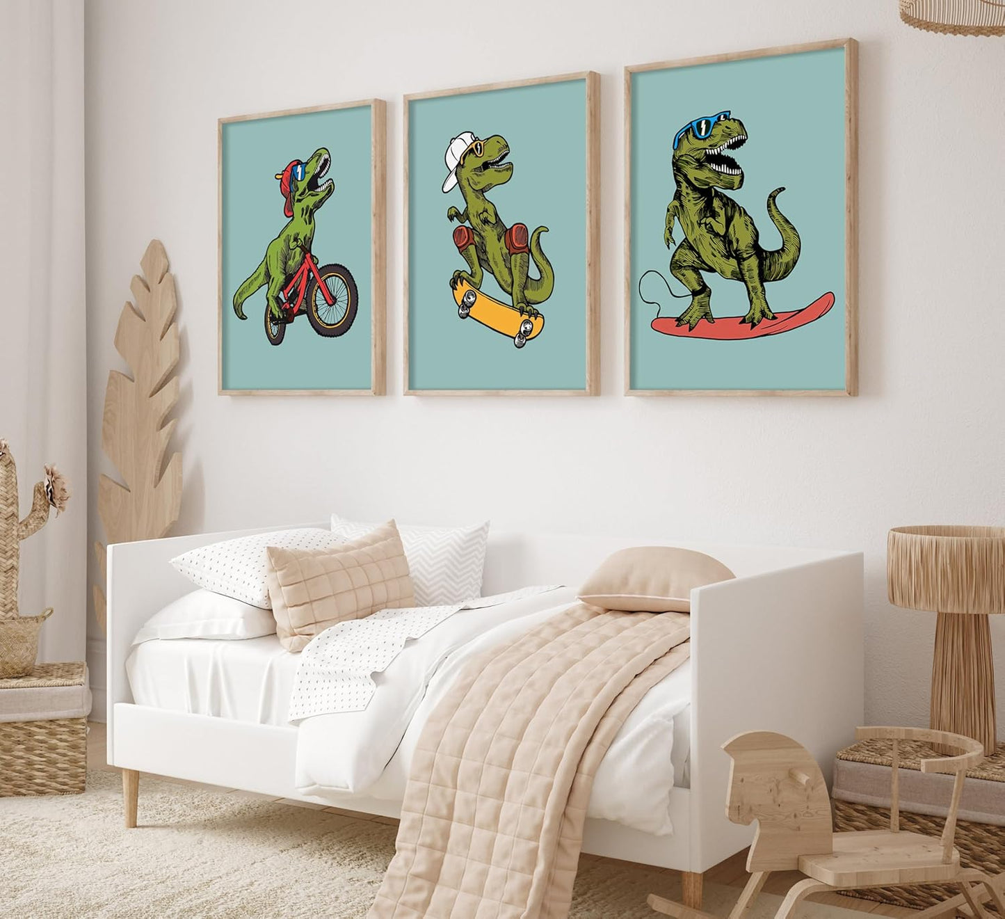 Skiennix Funny Dinosaur Nursery Canvas Wall Art - Surfing & Skateboarding Design | Perfect for Boys' Room Decor