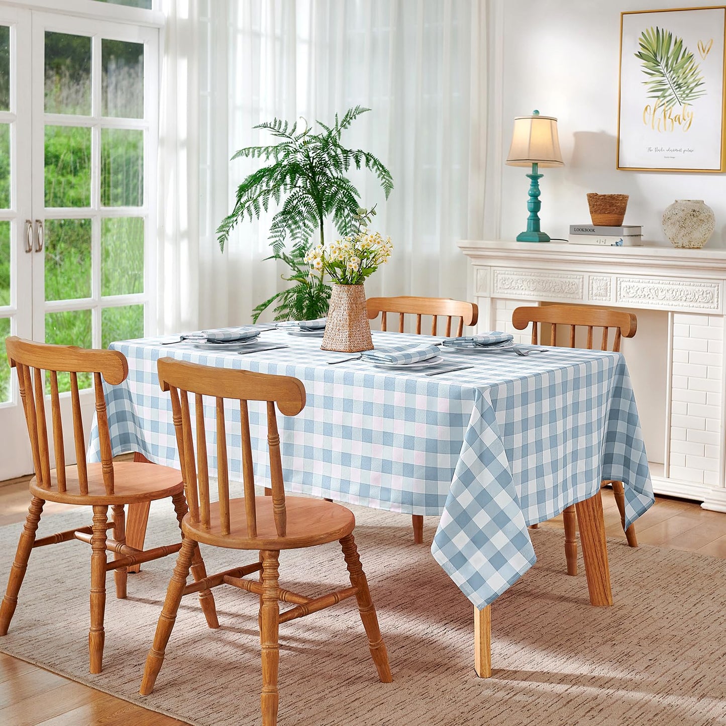Veblandy Checkered Tablecloth Rectangle Waterproof Gingham Table Cloth Washable Buffalo Plaid Table Cover Wrinkle Free for Kitchen, Dining and Outdoor Picnic, 52 x 70 Inch, Light Blue and White
