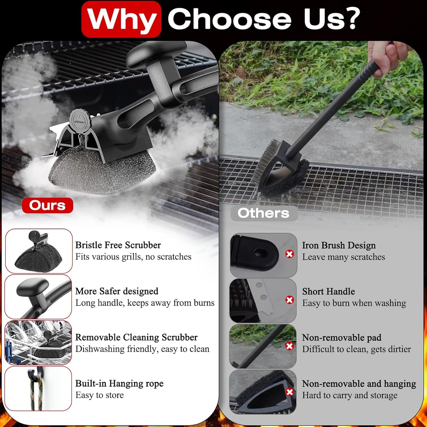 TMEDW Grill Brush - Bristle-Free Design with Reinforced Scraper for Safe BBQ Cleaning | Black