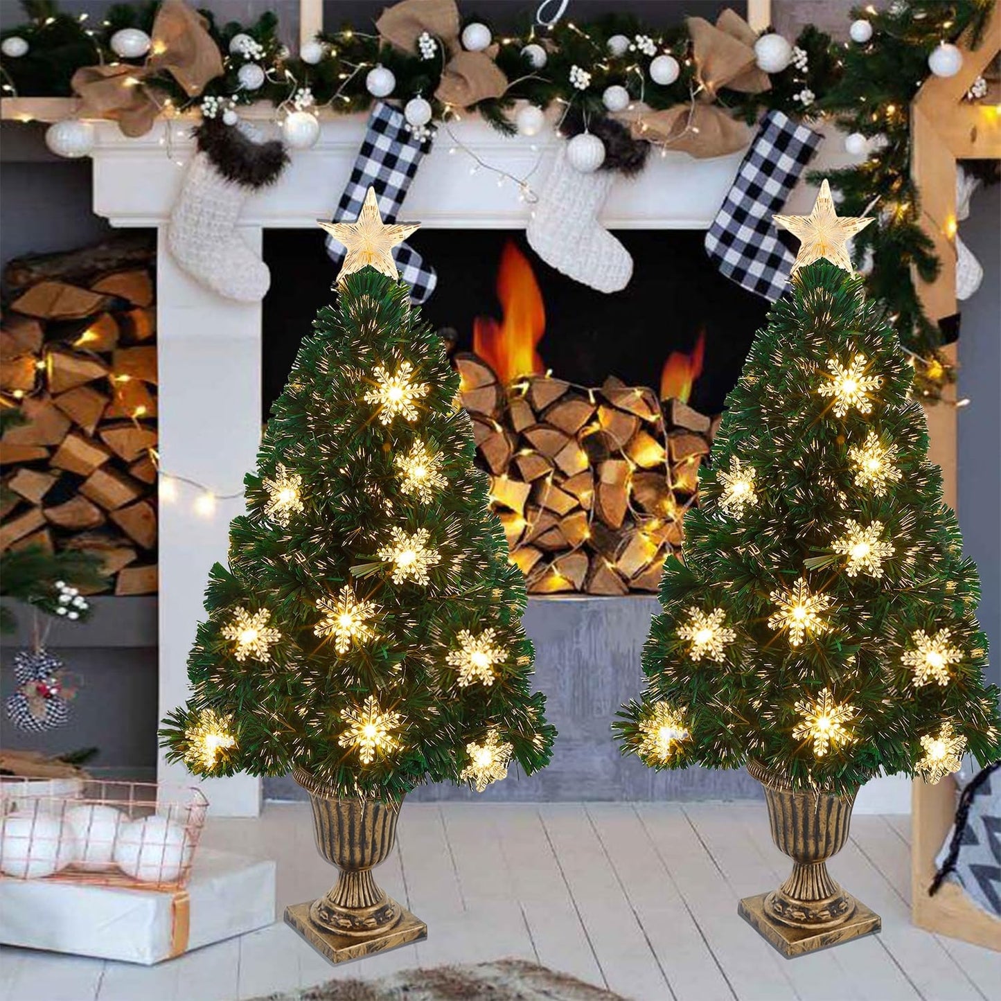 Juegoal Pre-Lit Artificial Christmas Trees - 3 FT Lighted Green Fiber Optic Entrance Trees with Gold Urn Base | 8 Lighting Modes & 110 Branch Tips for Festive Holiday Decor