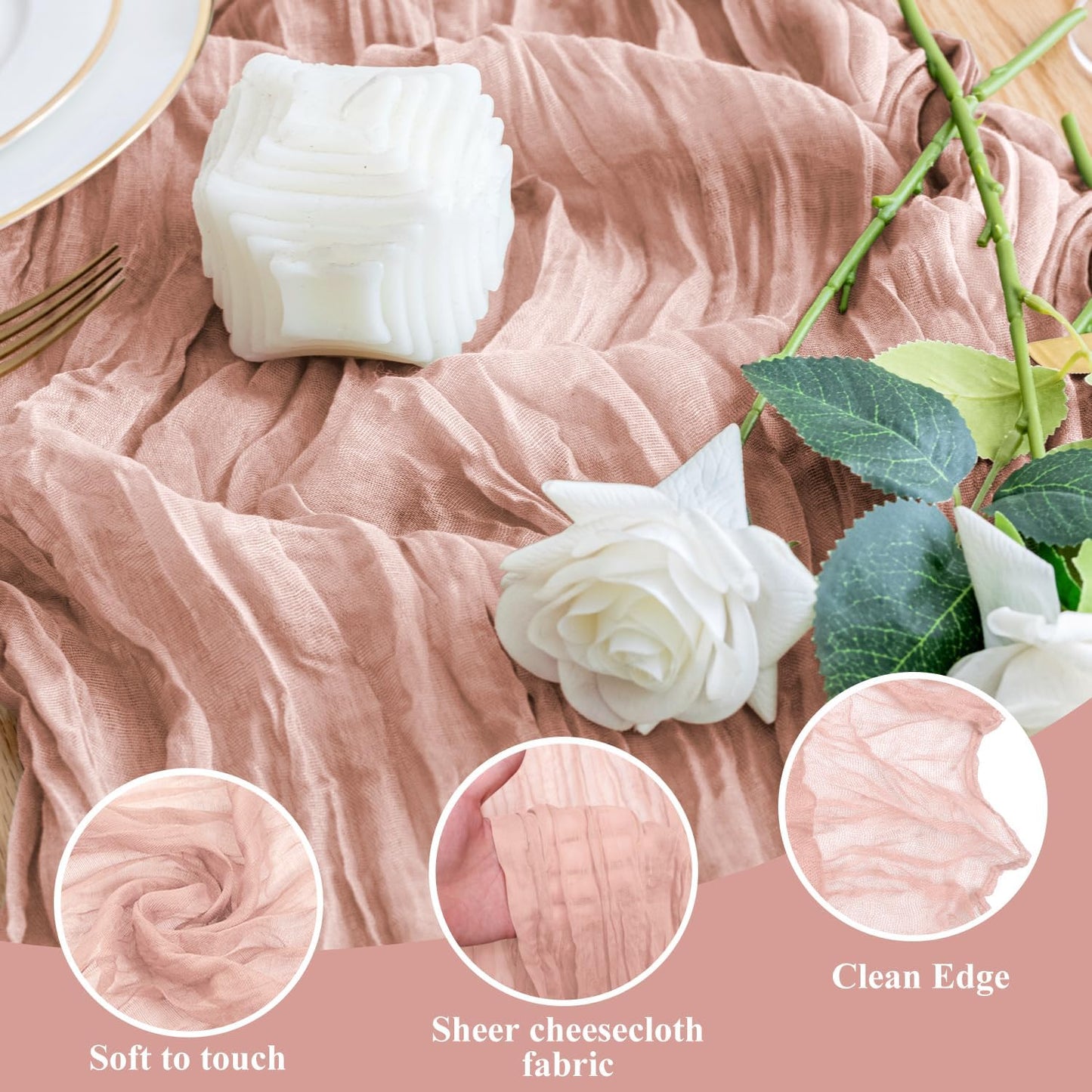 Wokceer Dusty Pink Cheesecloth Table Runner - 10FT Boho Style for Easter & Bridal Showers | Rustic 120-Inch Decor