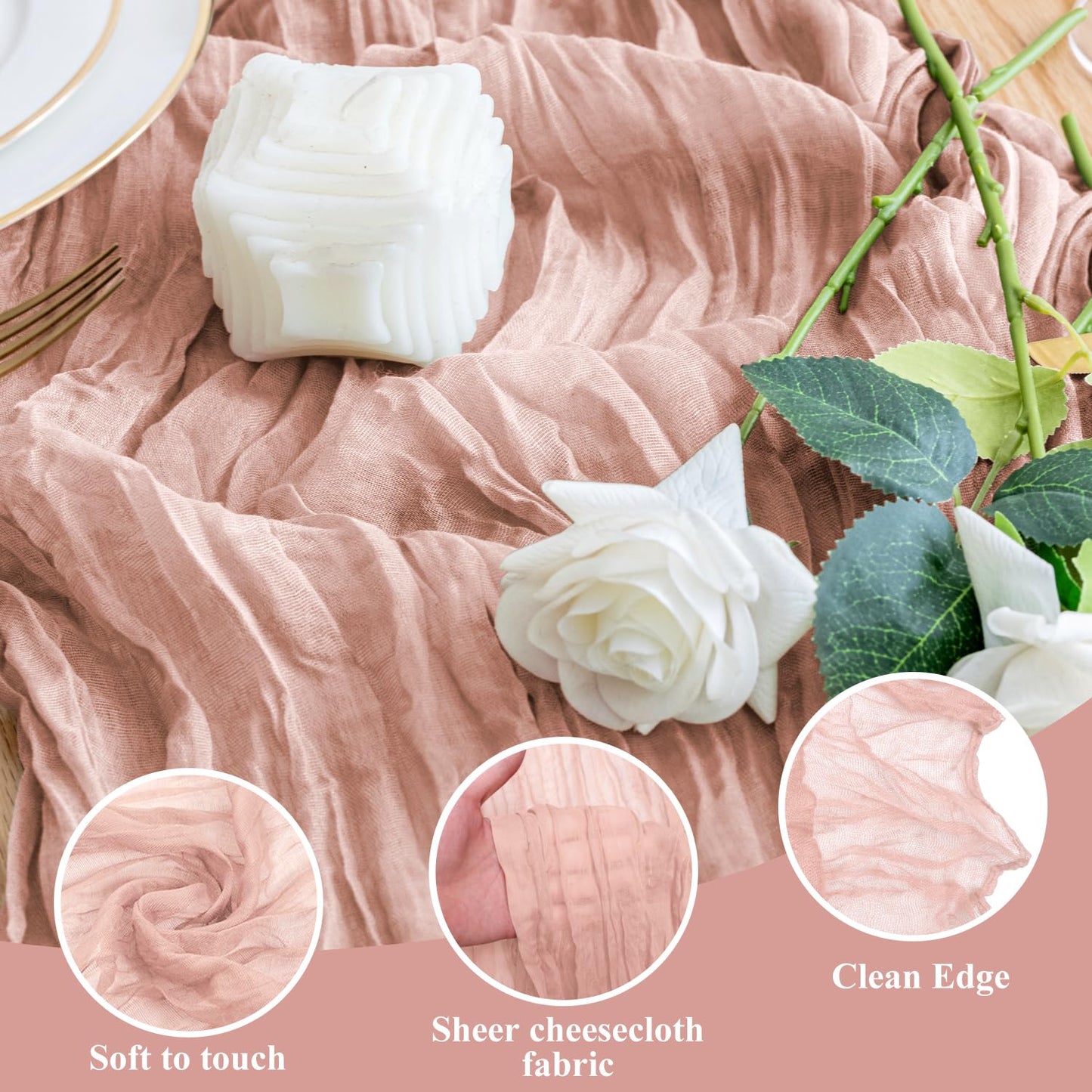Wokceer Dusty Pink Cheesecloth Table Runner Spring 10FT Boho Gauze Easter Cheese Cloth Table Runner for Party 120 Inches Long Rustic Sheer Runners for Baby Bridal Shower Decor
