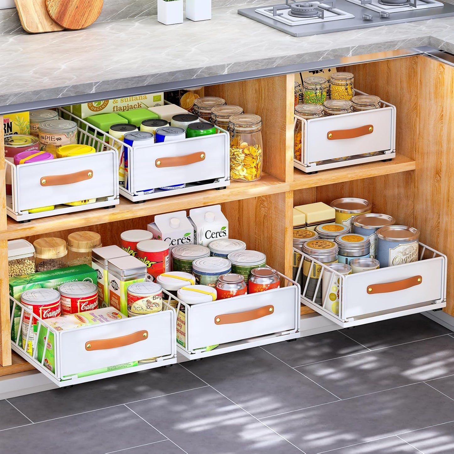 Skiennix Pull-Out Cabinet Organizer - Heavy-Duty Sliding Pantry Shelves with Handle | 9.8"W x 15.7"D x 6.2"H, White