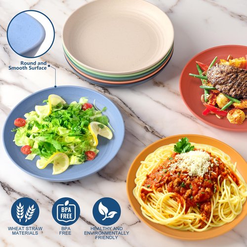 HOTEC 8-Pack 8inch BPA Free Unbreakable Deep Plastic Plates, Wheat Straw Camping Plates Dishwasher Safe Kitchen Plates Dinnerware Multicolor