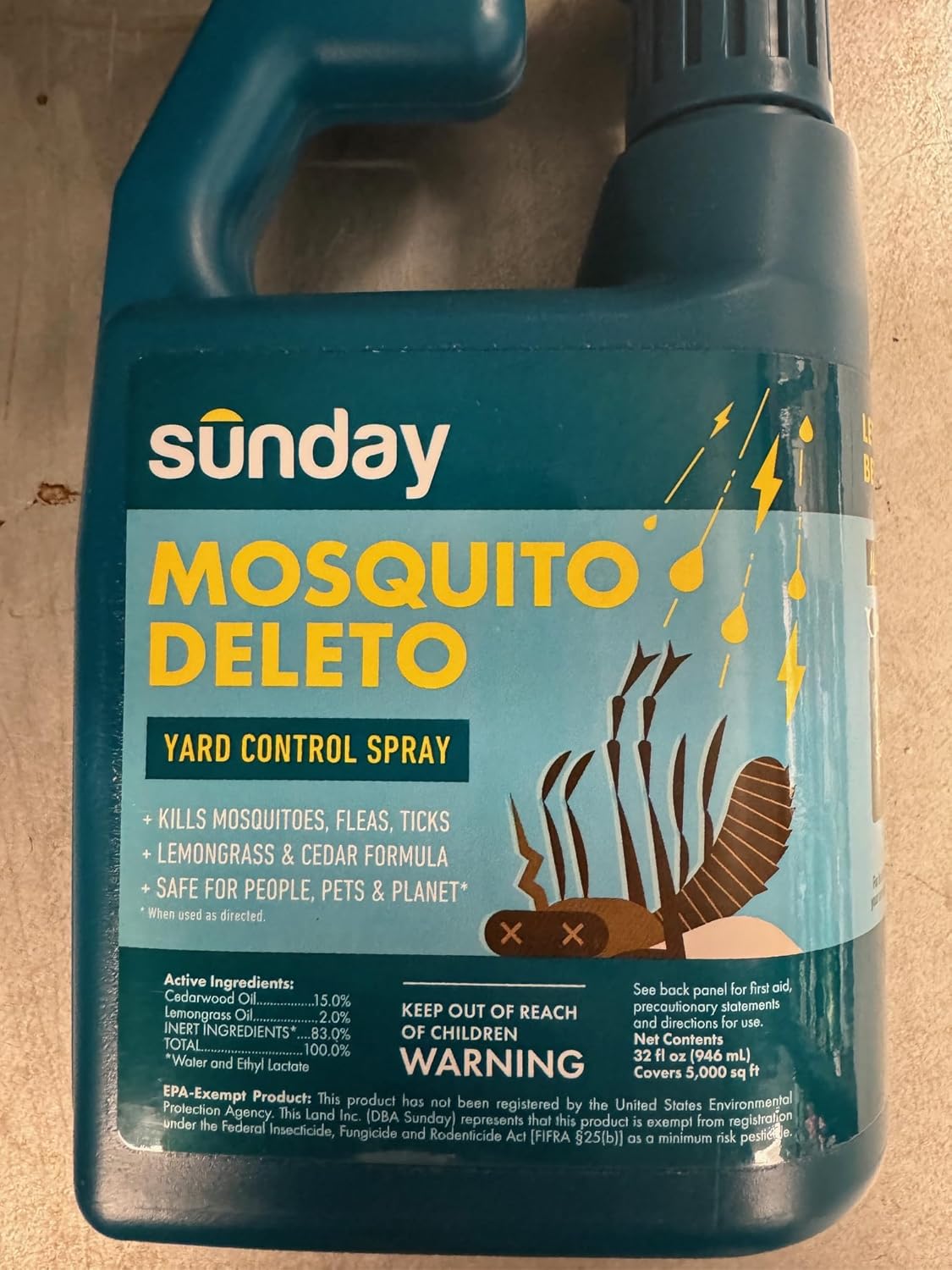 Sunday Mosquito Deleto - Powerful Mosquito Repellent Spray - Lemongrass & Cedar Oil - 32 Fl Oz, Lasts 4 Weeks