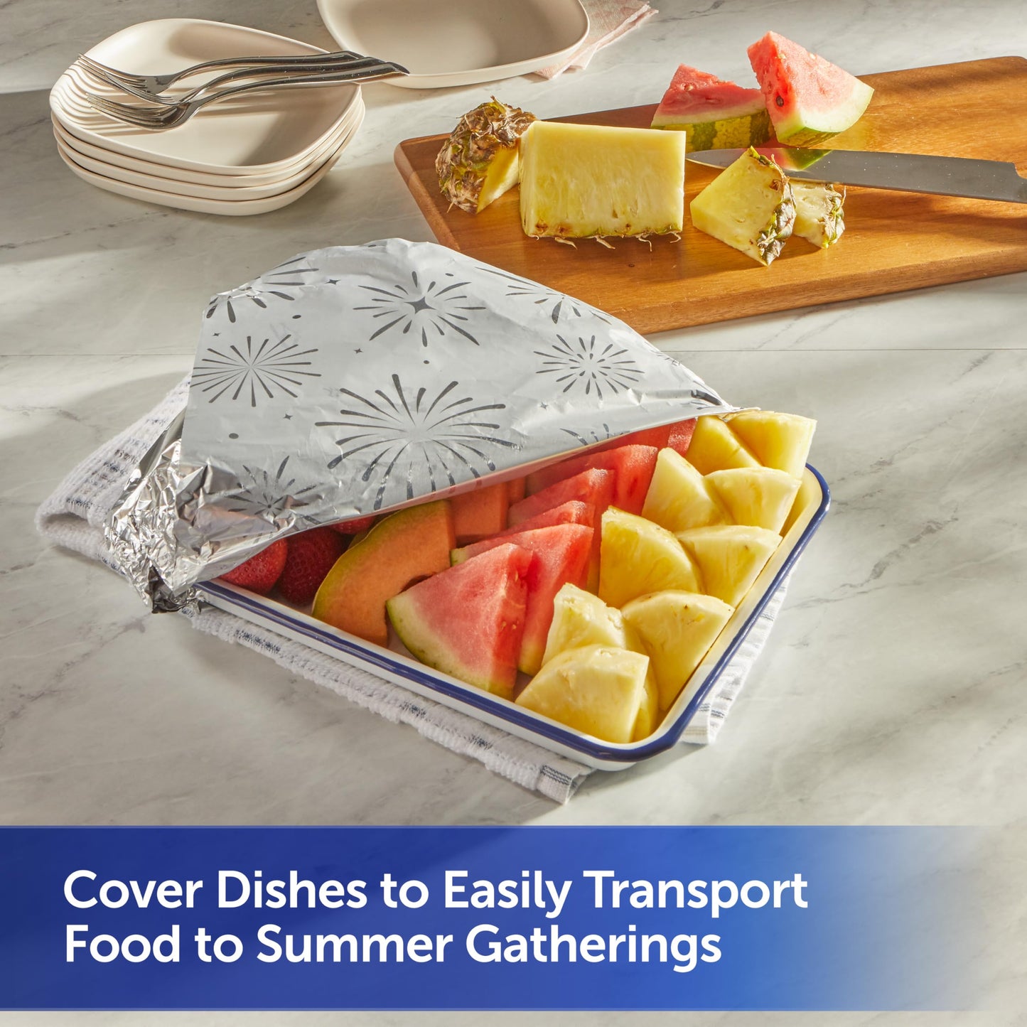 Reynolds Wrap Fun Foil with Festive Firework Pattern, Embossed Aluminum Foil Roll, Festive Embossed Foil for Covering Summer Dishes for BBQs, 25 Sq. Ft.