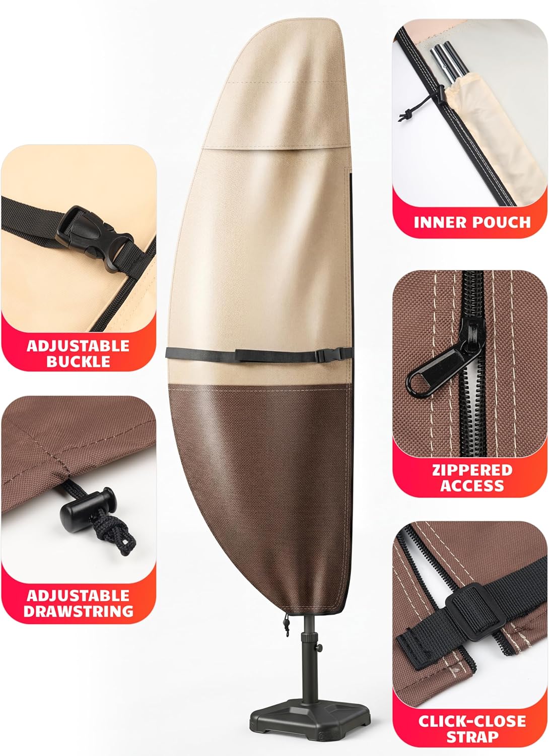Vailge Patio Umbrella Cover - Waterproof & Windproof for 7-11.5 Ft Offset Umbrellas | Includes Support Pole & Storage Bag
