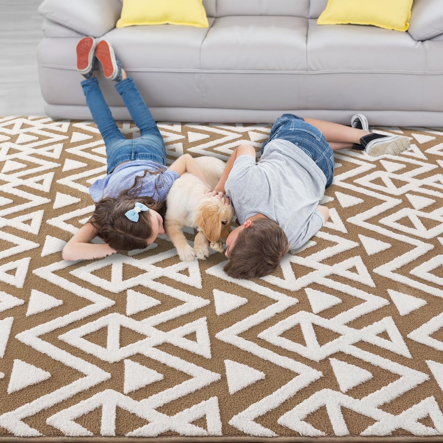 Shaggy Area Rugs Cozy Soft Memory Foam Carpets, 5x8 FT Fluffy Rug for Living Room Bedroom Kids Room Nursery Home Decor, Washable Rugs, Non-Slip Backing Beige White Boys Girls Kids Rug