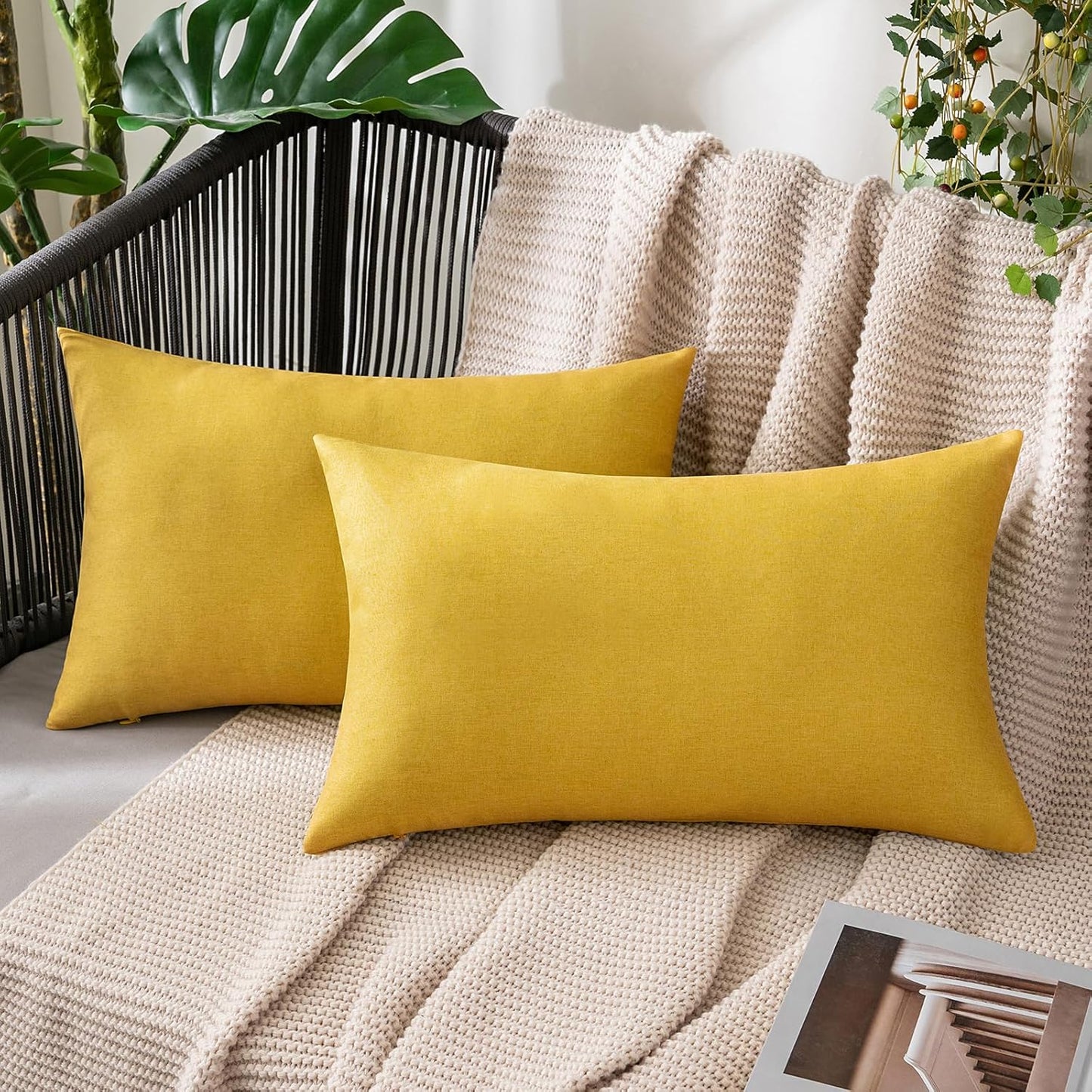 MIULEE Decorative Outdoor Throw Pillow Covers - Waterproof Faux Linen Cushion Cases | Pack of 2, 20x12 Inch, Yellow
