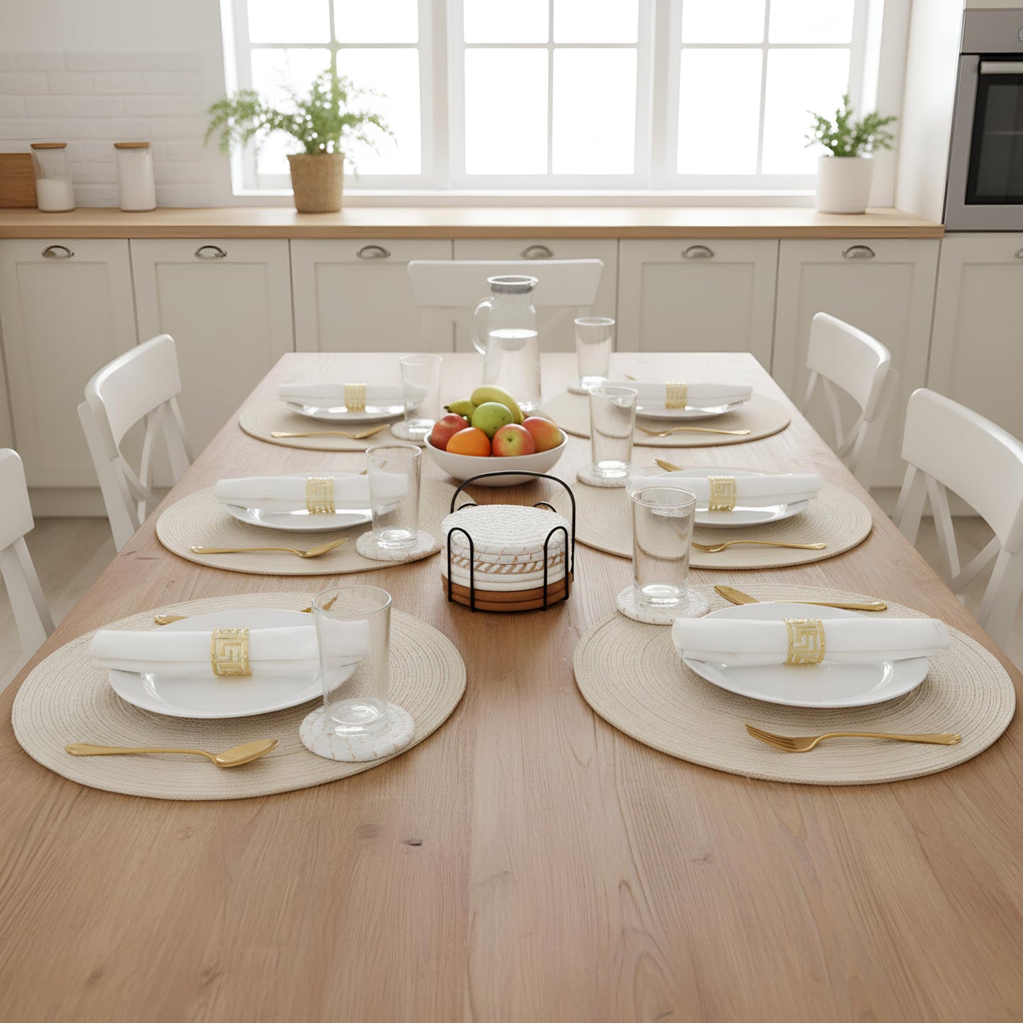Acellegic 17 Pcs 15'' Round Woven Placemats and 4.3'' Drink Coaster with Holder, Boho Heat Resistant Absorbent Woven Cotton Coasters for Drinks for Dining Living Room Tabletop Protection(Light Color)