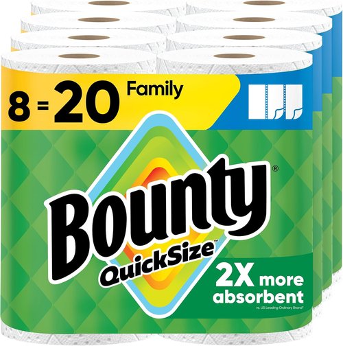 Bounty Quick Size Paper Towels - Ultra-Absorbent White Towels | 8 Family Rolls