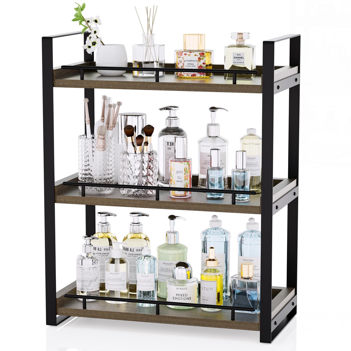 CeleVista Bathroom Counter Organizer, 3 Tier Wood Countertop Shelf for Vanity, Skincare, Makeup, Kitchen Coffee and Sink Storage, with Durable Metal Bracket (Dark Brown)