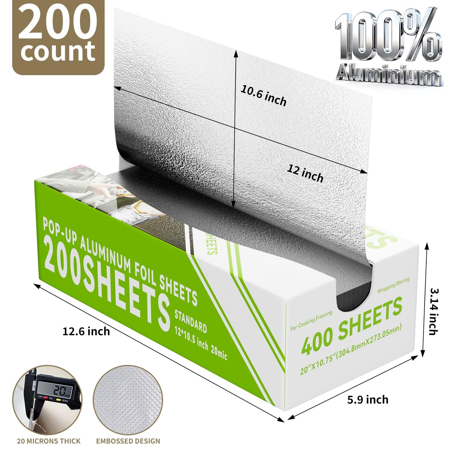 Aluminum Foil Sheets - 200 Count Pre Cut Tinfoil, 12" x 10.6" Inch Pre Cut Foil Sheets for Food, Hot Dog or Sandwich Wrap, Food Storage, Baking, Catering, Restaurant, Kitchen Use