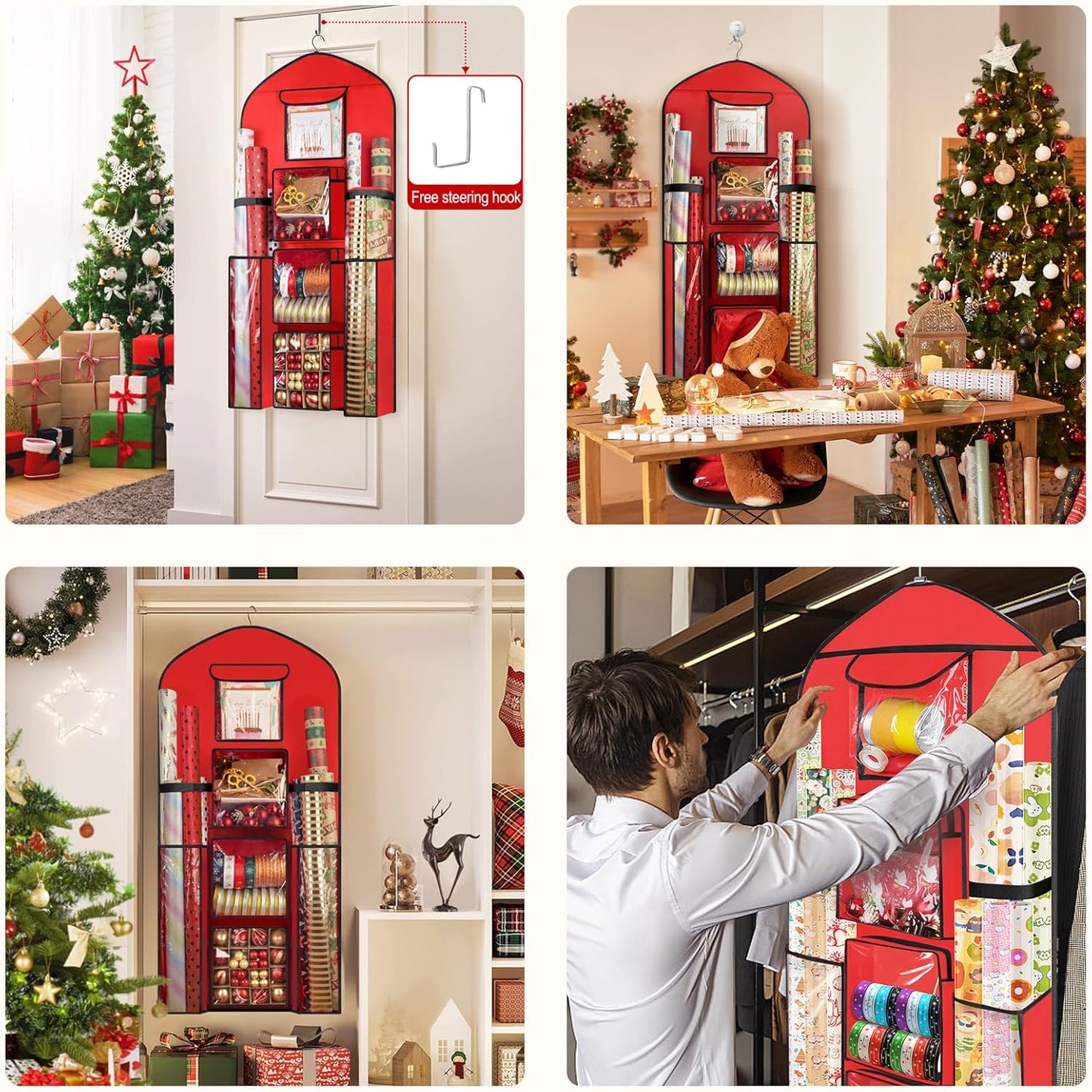 Woodoulogy Extra Large Red Double-Sided Christmas Gift Wrapping Paper Storage - 48x24 Oxford Organizer