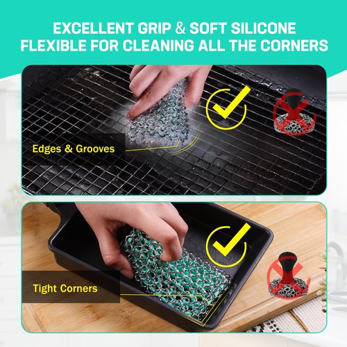 HAUSHOF Cast Iron Scrubber, Chainmail Scrubber with Silicone Core, Premium Cast Iron Cleaner for Skillet, Pan, Dutch Oven