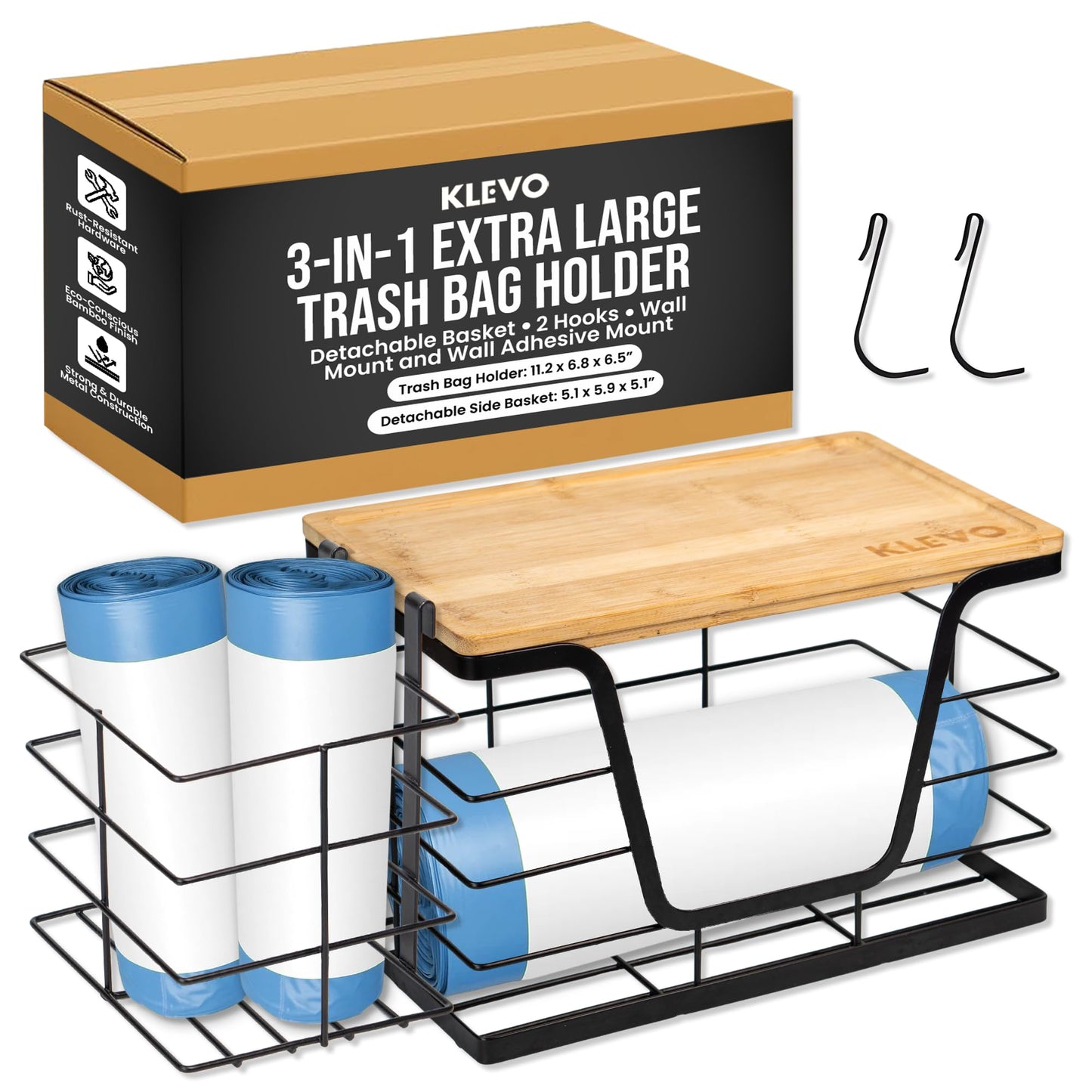 KLEVO 3-in-1 Extra Large Under Sink Trash Bag Holder – Wall Mounted Garbage Bag Dispenser with Detachable Basket & 2 Hooks – Kitchen Cabinet & Laundry Room Organization for 13/33 Gallon Trash Bags