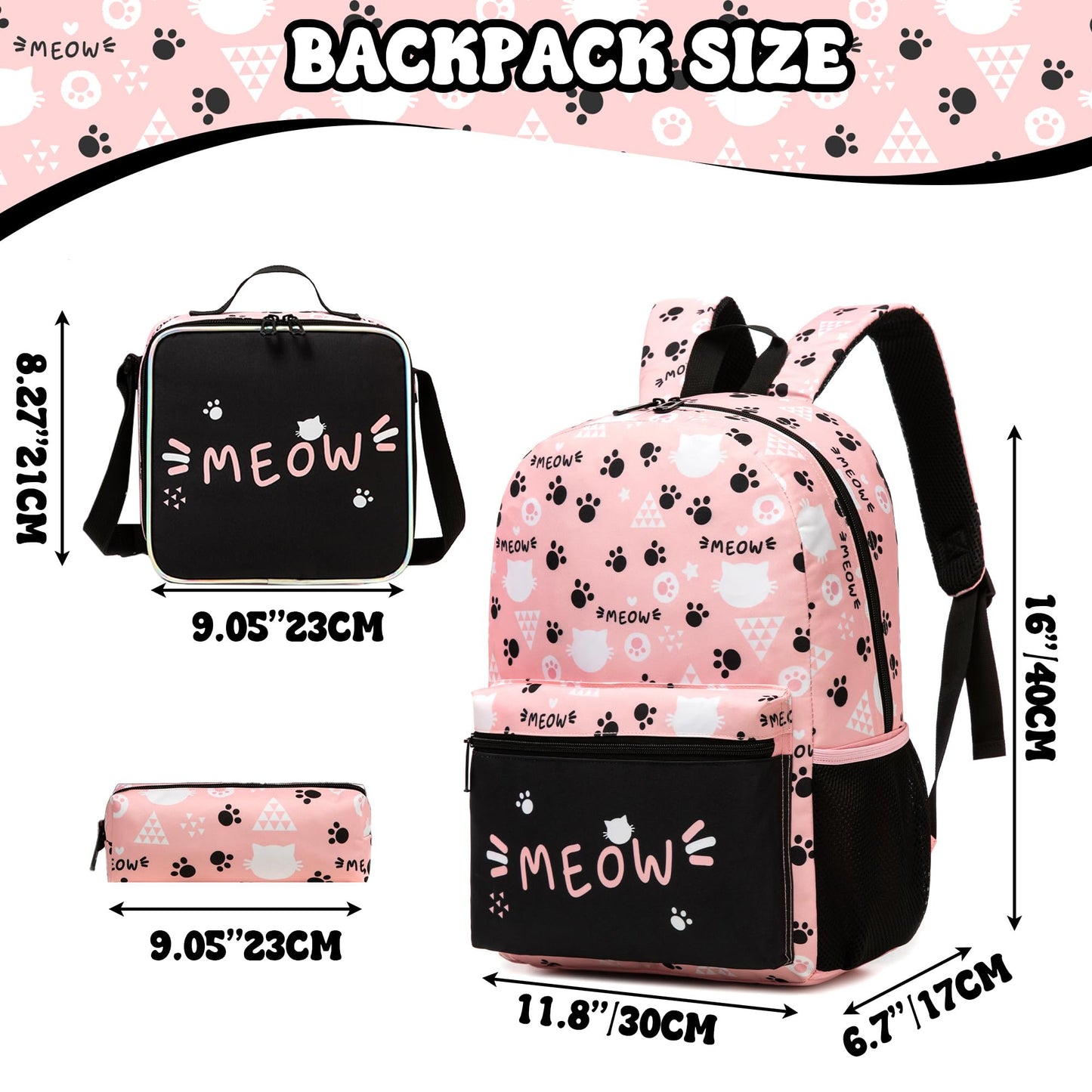 Backpack for School Kids Backpacks for Girls Bookbag Set Backpacks for Teen Girls with Lunch Box Pink Cat Preppy Backpack for School